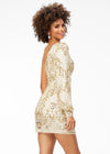 Back - Gold/Ivory ASHLEYlauren 4497 fully hand-beaded cocktail dress featuring a one shoulder neckline, dramatic bishop sleeve, and fitted skirt for a glamorous and sophisticated look.