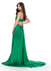 Back - Green ASHLEYlauren 11537 one shoulder satin gown featuring a ruched bustier, beaded crystal straps and waist accents, and a draped side skirt for an elegant, glamorous finish.