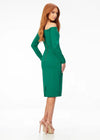 Back - Green ASHLEYlauren 4514 elegant off shoulder scuba gown featuring long sleeves, a tea-length fitted skirt, high back with exposed zipper, and back center vent for a sophisticated and timeless look.