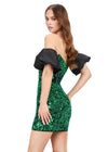Back - Green ASHLEYlauren 4614 fully beaded cocktail dress featuring a strapless corset bustier, intricate beadwork, and dramatic taffeta puff sleeves for an elegant and standout look.