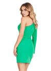 Back - Green ASHLEYlauren 4678 scuba cocktail dress featuring a one sleeve design, ruched bustier, fitted silhouette, and a matching scuba belt for a chic and sophisticated look.