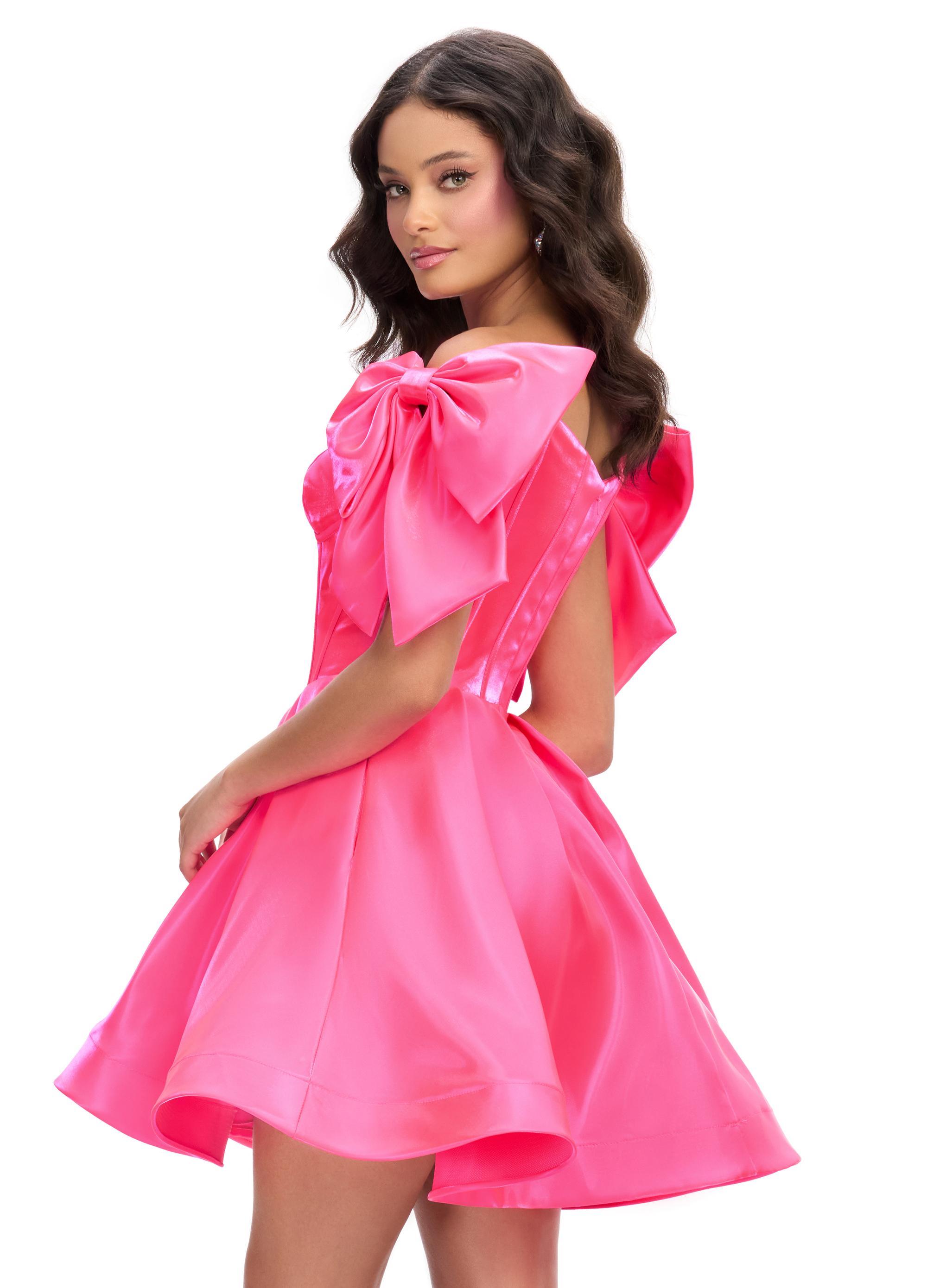 Back - Hot Pink ASHLEYlauren 4788 satin cocktail dress featuring a sweetheart neckline, off shoulder bow details, corset bustier, and a full A-line skirt for a dainty, elegant, and timeless look.