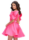 Back - Hot Pink ASHLEYlauren 4788 satin cocktail dress featuring a sweetheart neckline, off shoulder bow details, corset bustier, and a full A-line skirt for a dainty, elegant, and timeless look.