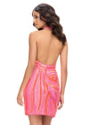 Back - Hot Pink ASHLEYlauren 4791 fully hand-beaded cocktail dress featuring a halter neckline, illusion deep V-neckline, and open back for a bold and show-stopping look.