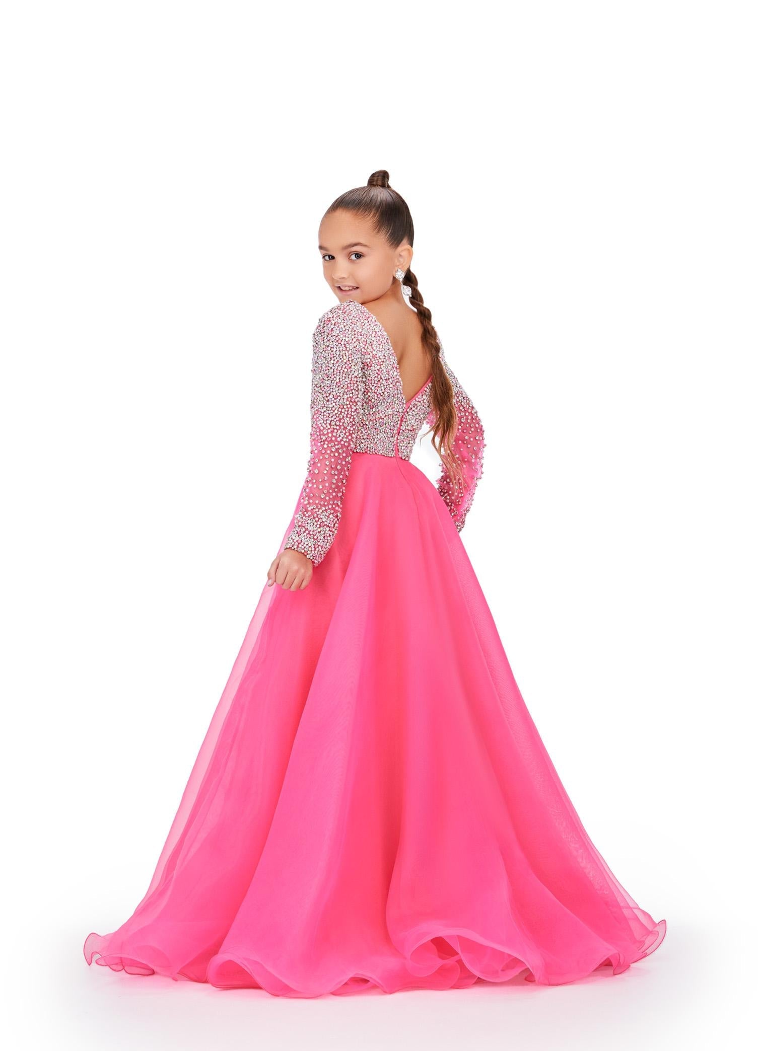 ASHLEYlauren 8271 - Kids' Organza Gown with Beaded V-Neckline