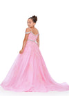 Back - Ice Pink ASHLEYlauren 8242 kids gown featuring an off-shoulder design, crystal beaded straps, neckline trim, and belt, adorned with lace applique, press-on stones, and feather accents for a glamorous and elegant look.