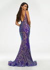 Back - Iridescent Purple ASHLEYlauren 11113 stretch sequin gown featuring spaghetti straps, an illusion V-neckline, deep V-back, and a horsehair hem for a sleek and glamorous statement look.