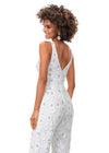 Back - Ivory ASHLEYlauren 11355 fully hand-beaded jumpsuit featuring an intricate floral bead pattern, V-neckline, V-back, and straight leg pants.