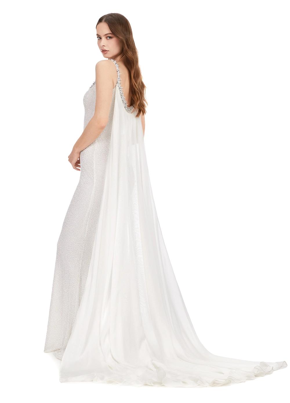 Back - Ivory ASHLEYlauren 11398 fully vermicelli beaded gown featuring a sweetheart neckline, crystal-adorned straps and bustier trim, and an elegant chiffon cape.