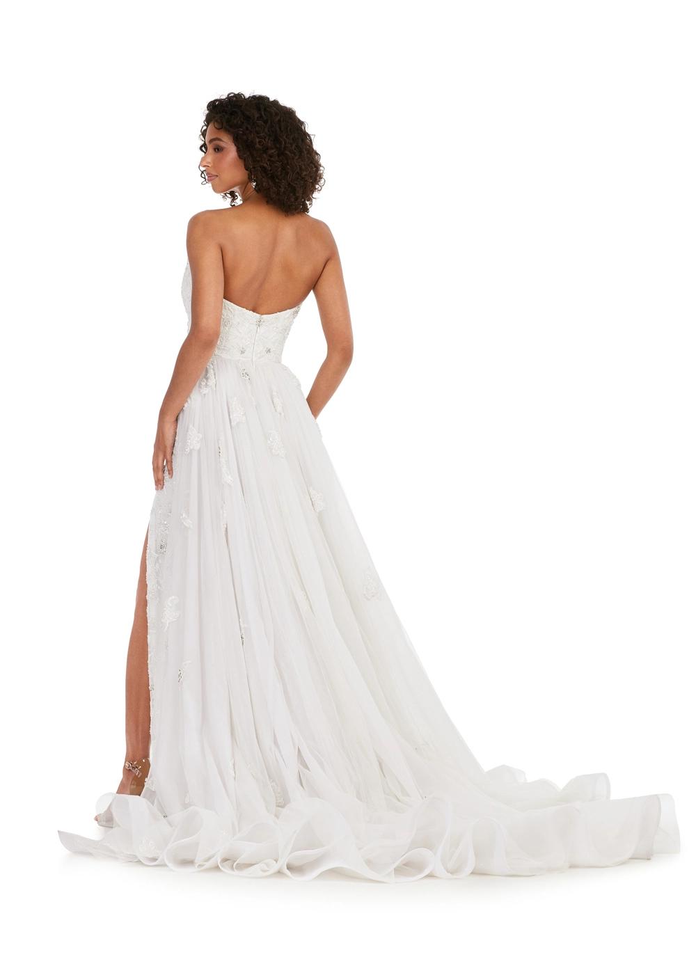 Back - Ivory ASHLEYlauren 11405 strapless gown featuring a sweetheart neckline, fully sequined design, glimmering beadwork, full tulle overskirt, and left leg slit for added elegance.