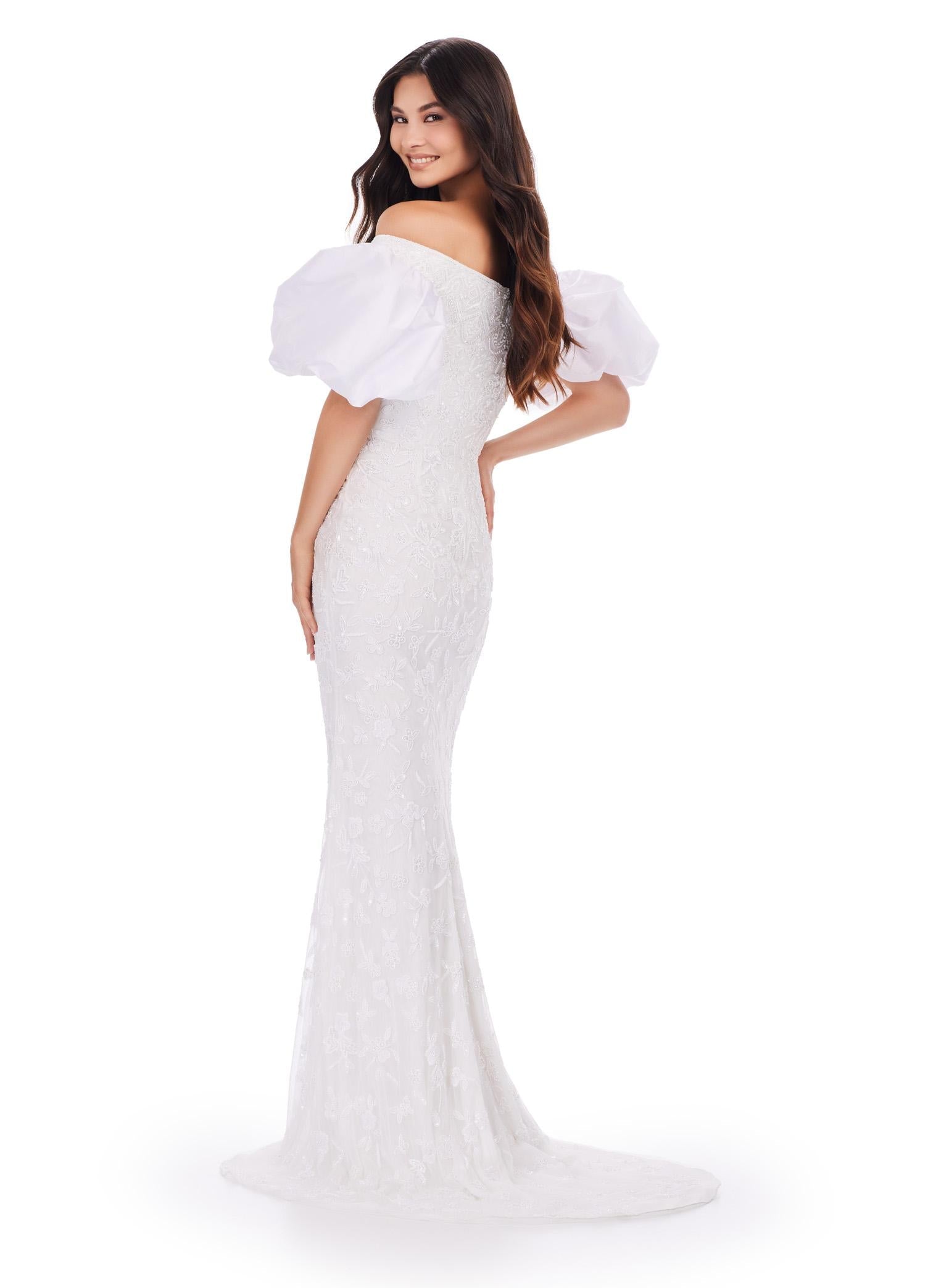Back - Ivory ASHLEYlauren 11432 fully beaded gown featuring an off-shoulder neckline and glamorous taffeta puff sleeves for an elegant and statement-making look.