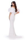 Back - Ivory ASHLEYlauren 11432 fully beaded gown featuring an off-shoulder neckline and glamorous taffeta puff sleeves for an elegant and statement-making look.