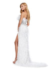 Back - Ivory ASHLEYlauren 11457 strapless gown featuring full beading, feather details throughout, an encrusted beaded belt, and a left leg slit for a glamorous Hollywood-inspired look.