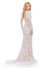 Back - Ivory ASHLEYlauren 11507 fully beaded gown featuring long sleeves, a V-neckline, illusion open back, and a ruffle hem train for an elegant and timeless finish.