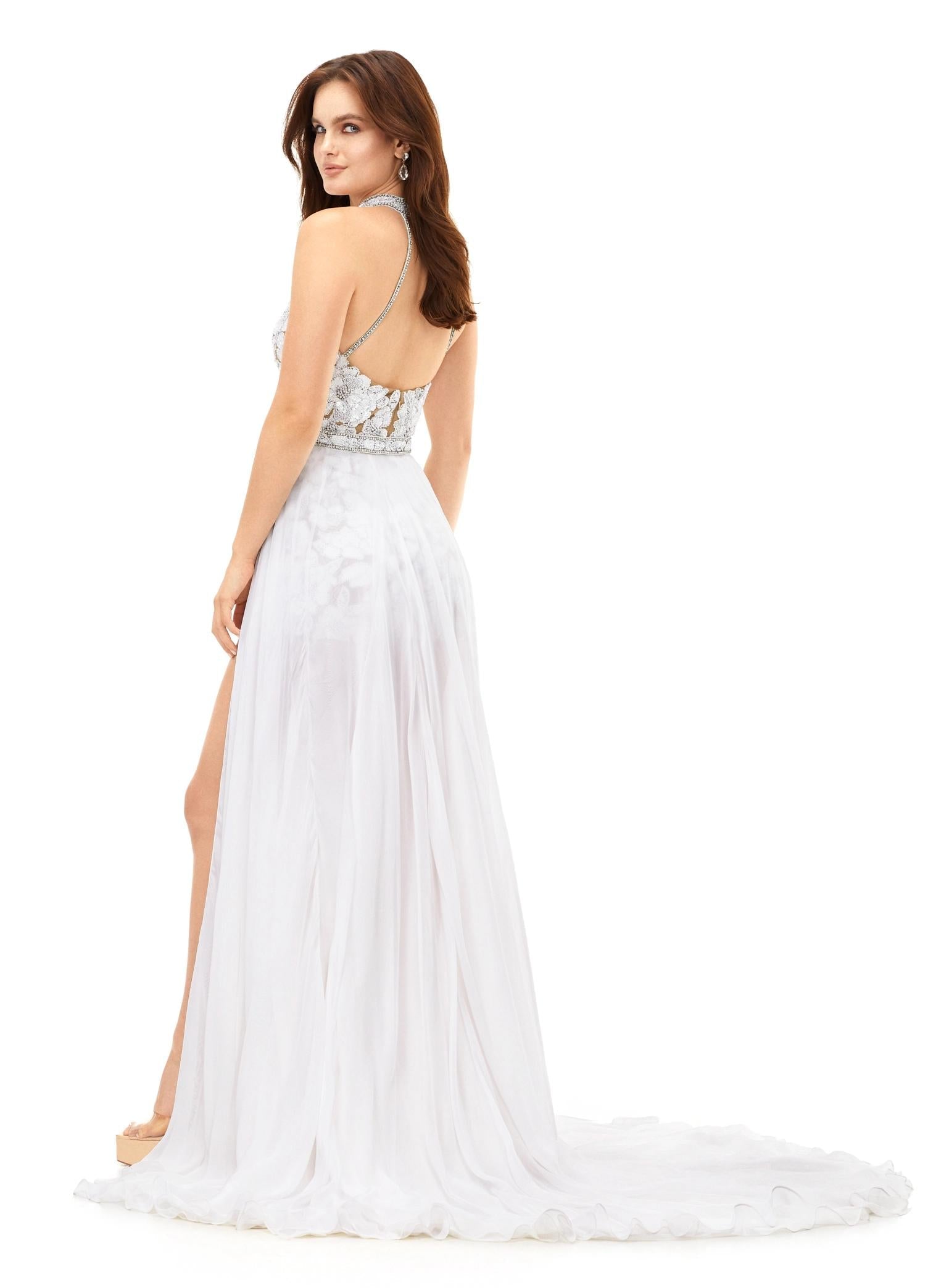 Back - Ivory ASHLEYlauren 13354 hand-beaded romper featuring an intricate floral motif, halter neckline, beaded belt, and a detachable chiffon overskirt for a glamorous and versatile look.