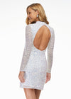 Back - Ivory ASHLEYlauren 4252 fully beaded cocktail dress featuring long sleeves, a modern high neckline, fitted silhouette, and a sexy open back for a striking evening look.