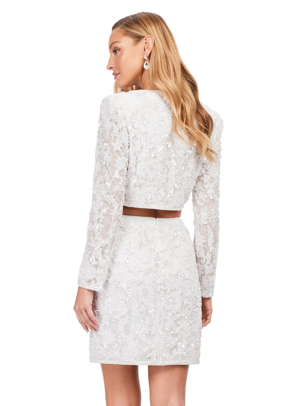 Back - Ivory ASHLEYlauren 4618 three piece set featuring a fully liquid beaded crop top, intricately beaded jacket, and a fitted skirt with a slit for a bold and fashionable statement look.