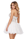 Back - Ivory ASHLEYlauren 4671 strapless cocktail dress featuring a fully beaded bustier, A-line silhouette, and a dramatic tulle ruffled skirt for a fun and glamorous look.