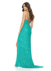 Back - Jade ASHLEYlauren 11037 fully hand-beaded gown featuring adjustable spaghetti straps, a V-neckline, wide waistband to accentuate curves, lace-up back, and a left leg slit for an elegant and figure-enhancing look.