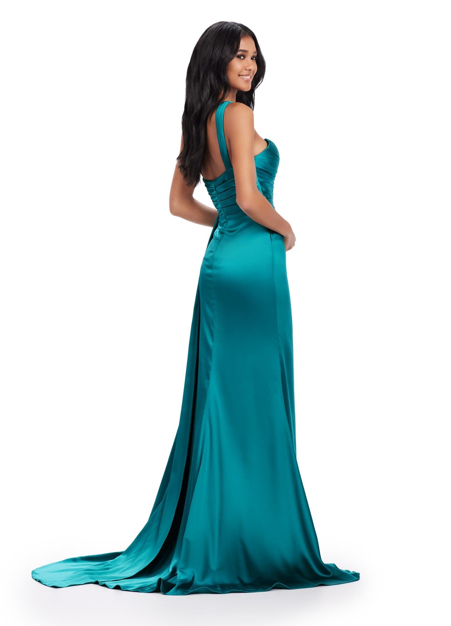 Back - Jade ASHLEYlauren 11576 ruched satin gown featuring a Grecian-inspired one shoulder neckline, sweetheart bustier, left leg slit, and a side train for an elegant, flowing finish.