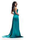 Back - Jade ASHLEYlauren 11576 ruched satin gown featuring a Grecian-inspired one shoulder neckline, sweetheart bustier, left leg slit, and a side train for an elegant, flowing finish.