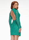 Back - Jade ASHLEYlauren 4252 fully beaded cocktail dress featuring long sleeves, a modern high neckline, fitted silhouette, and a sexy open back for a striking evening look.