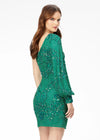 Back - Jade ASHLEYlauren 4497 fully hand-beaded cocktail dress featuring a one shoulder neckline, dramatic bishop sleeve, and fitted skirt for a glamorous and sophisticated look.