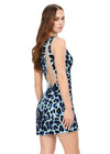 Back - Light Blue ASHLEYlauren 4630 fully beaded cocktail dress featuring a one shoulder neckline, hand-beaded cheetah design, fitted skirt, and lace-up back for a bold and standout look.