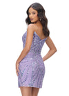 Back - Lilac ASHLEYlauren 4500 strapless gown featuring a plunging V-neckline, ornate sequin bead pattern, and striking V-back for a bold and glamorous look.