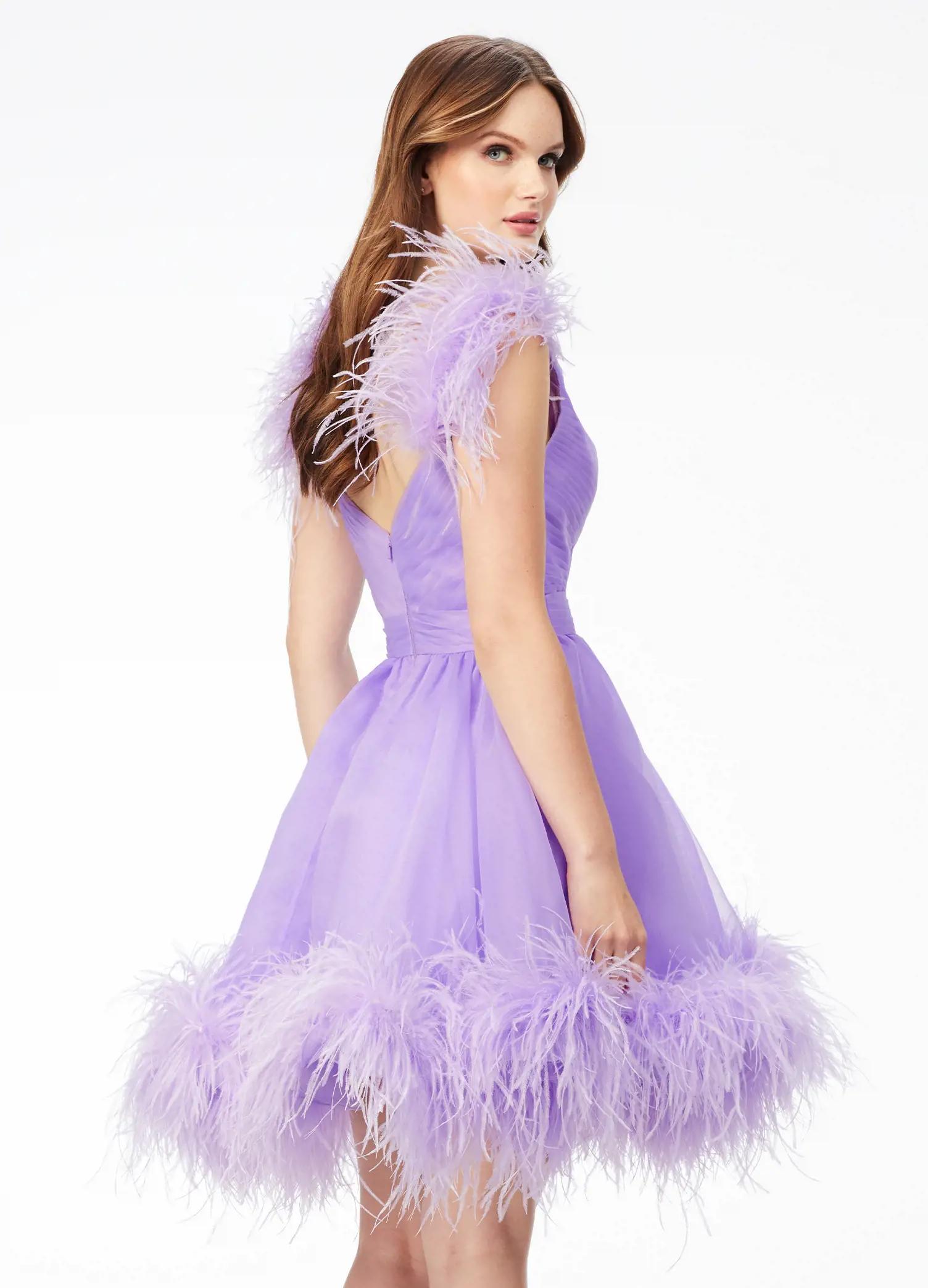 Back - Lilac ASHLEYlauren 4544 organza A-line cocktail dress featuring a ruched V-neckline bustier, feather-detailed straps, a ruched waistline, and an A-line skirt trimmed in feathers for an elegant and whimsical finish.