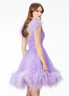 Back - Lilac ASHLEYlauren 4544 organza A-line cocktail dress featuring a ruched V-neckline bustier, feather-detailed straps, a ruched waistline, and an A-line skirt trimmed in feathers for an elegant and whimsical finish.