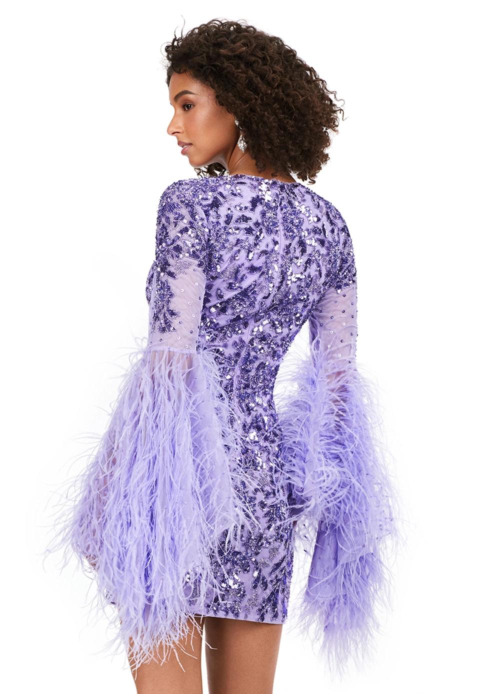 Back - Lilac ASHLEYlauren 4603 fully beaded cocktail dress featuring a V-neckline, feather-adorned flare sleeves, full back, and fitted skirt for a bold and glamorous statement look.