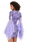 Back - Lilac ASHLEYlauren 4603 fully beaded cocktail dress featuring a V-neckline, feather-adorned flare sleeves, full back, and fitted skirt for a bold and glamorous statement look.