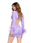 Back - Lilac ASHLEYlauren 4653 fully beaded cocktail dress featuring a V-neckline, long sleeves trimmed with feathers, bold cutouts, and a fitted skirt for a fun and flirty statement look.