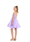 Back - Lilac ASHLEYlauren 8277 satin kids cocktail dress featuring a high neckline, spaghetti straps, off shoulder beaded straps, a beaded belt, and a V-back for a fabulous and stylish look.