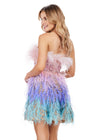 Back - Multi ASHLEYlauren 4670 strapless cocktail dress featuring a fully beaded design, ombre feather details, a defined waistband, and an A-line skirt for a glamorous and dreamy look.