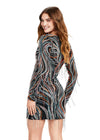 Back - Multi/Black ASHLEYlauren 4658 fully beaded cocktail dress featuring a plunging V-neckline, long sleeves, and fringe details for a bold and regal statement look.