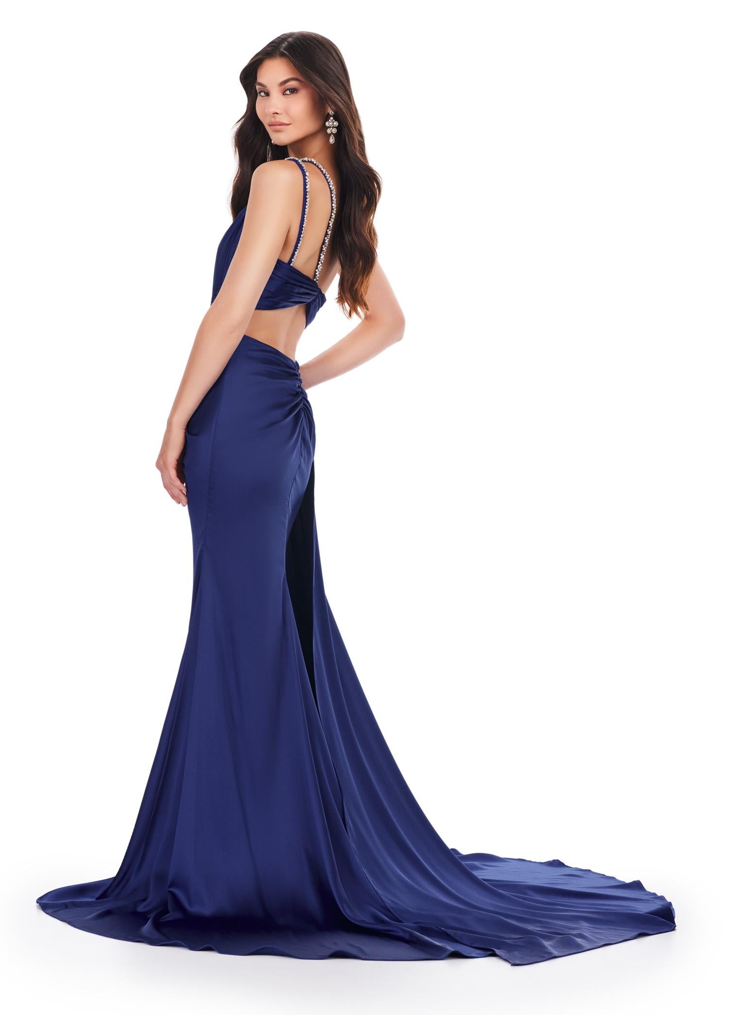 Back - Navy ASHLEYlauren 11537 one shoulder satin gown featuring a ruched bustier, beaded crystal straps and waist accents, and a draped side skirt for an elegant, glamorous finish.