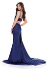 Back - Navy ASHLEYlauren 11537 one shoulder satin gown featuring a ruched bustier, beaded crystal straps and waist accents, and a draped side skirt for an elegant, glamorous finish.