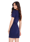Back - Navy ASHLEYlauren 4681 chic fitted scuba cocktail dress featuring an elegantly draped bodice, high neckline, and stylish mutton short sleeves for a sophisticated and timeless look.
