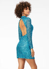 Back - Neon Blue ASHLEYlauren 4252 fully beaded cocktail dress featuring long sleeves, a modern high neckline, fitted silhouette, and a sexy open back for a striking evening look.
