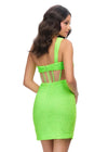 Back - Neon Green ASHLEYlauren 4694 pink cocktail dress featuring spaghetti straps, an illusion V-neckline, corset bustier, press-on stone embellishments, and a fitted skirt for a glamorous and head-turning look.