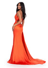 Back - Orange ASHLEYlauren 11537 one shoulder satin gown featuring a ruched bustier, beaded crystal straps and waist accents, and a draped side skirt for an elegant, glamorous finish.