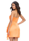 Back - Orange ASHLEYlauren 4597 one shoulder satin cocktail dress featuring a sweetheart neckline, ruching throughout, a ruffle detail down the hip, and a wrap skirt for a timeless yet modern look.