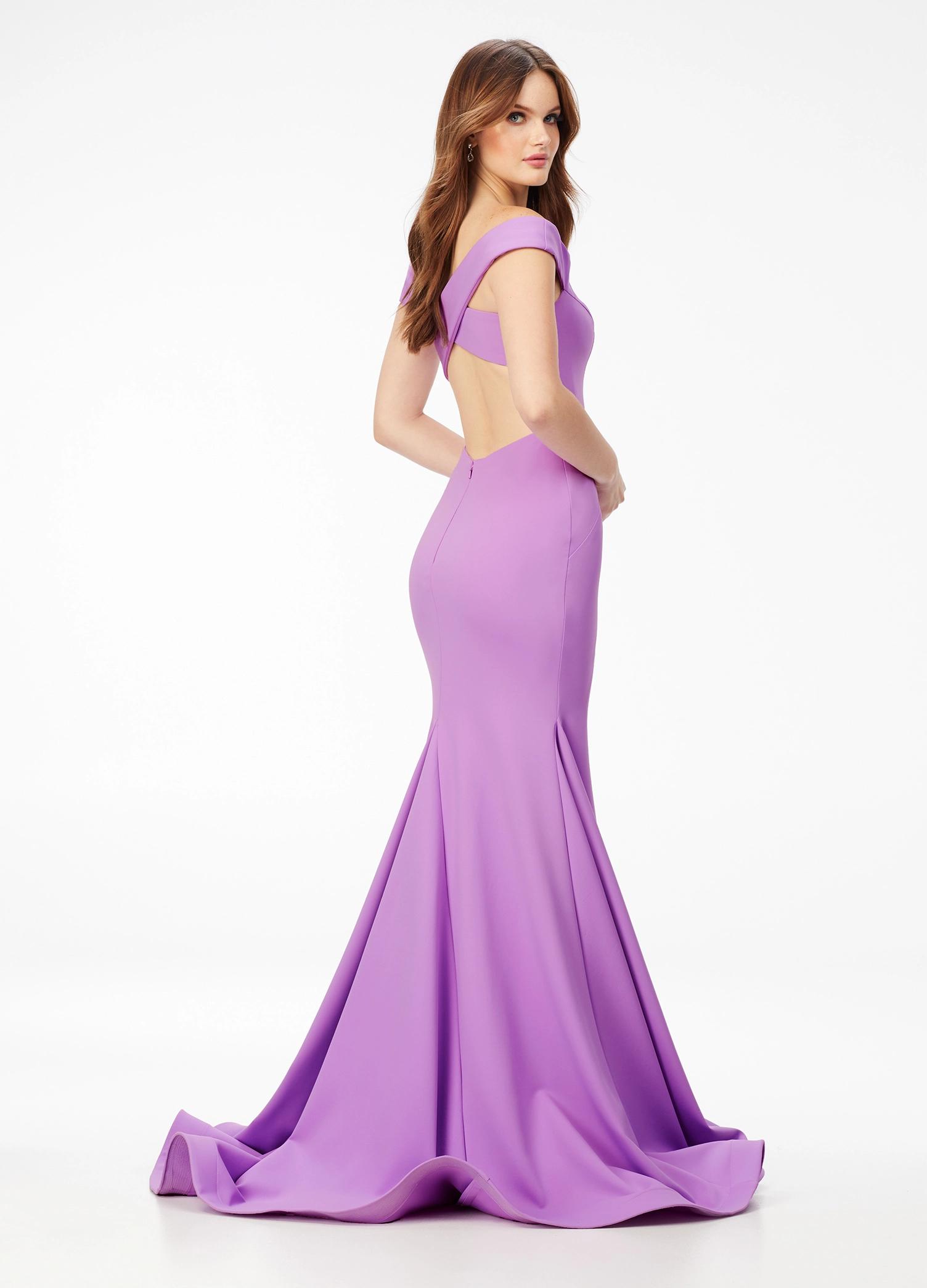 Back - Orchid ASHLEYlauren 11025 off shoulder scuba gown featuring a sweetheart neckline, signature crisscross strappy back, fitted silhouette, and a sweep train for an elegant and sophisticated look.