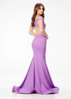 Back - Orchid ASHLEYlauren 11025 off shoulder scuba gown featuring a sweetheart neckline, signature crisscross strappy back, fitted silhouette, and a sweep train for an elegant and sophisticated look.