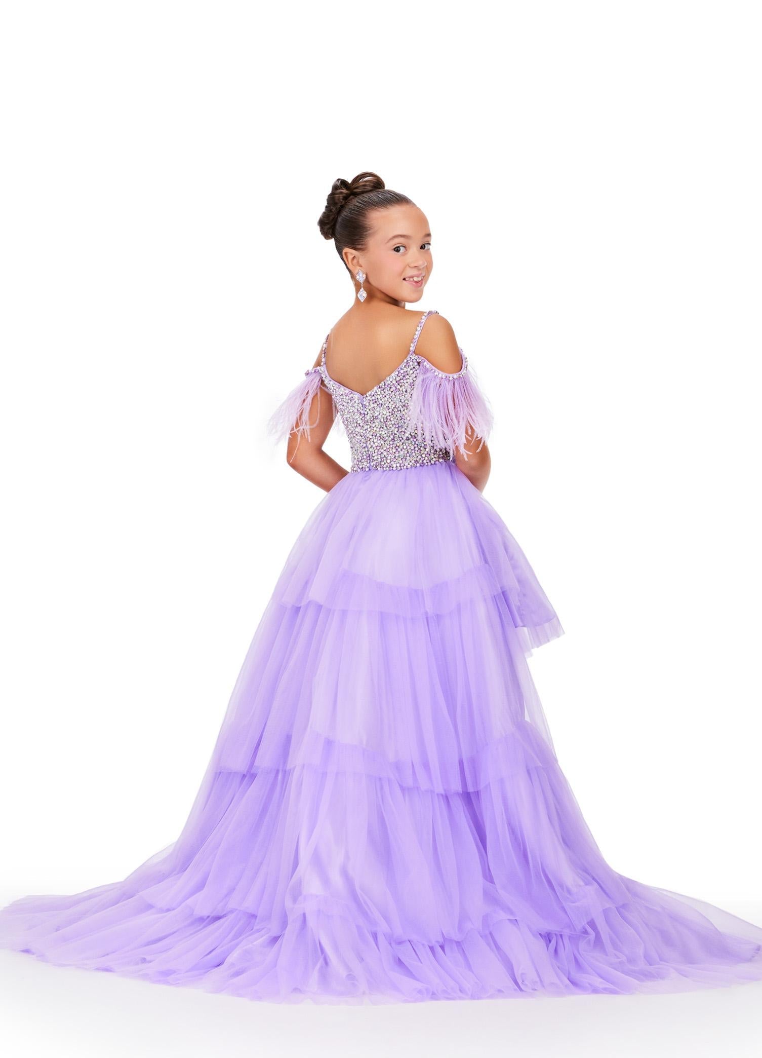 Back - Orchid ASHLEYlauren 8259 fun and flirty kids high-low tulle dress featuring a V-neckline, V-back, off shoulder feather straps, and a crystal-encrusted beaded bustier for a dazzling and stylish look.