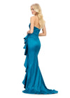 Back - Peacock ASHLEYlauren 11751 Strapless Taffeta Gown with Elegant Ruched Bodice, Dramatic Cascading Ruffle Detail, and Left Leg Slit