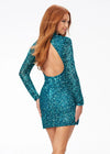 Back - Peacock ASHLEYlauren 4252 fully beaded cocktail dress featuring long sleeves, a modern high neckline, fitted silhouette, and a sexy open back for a striking evening look.