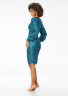 Back - Peacock ASHLEYlauren 4496 elegant fully sequin gown featuring a crew neckline, bishop sleeves, fitted tea-length skirt, and full zipper back for a sophisticated and timeless look.
